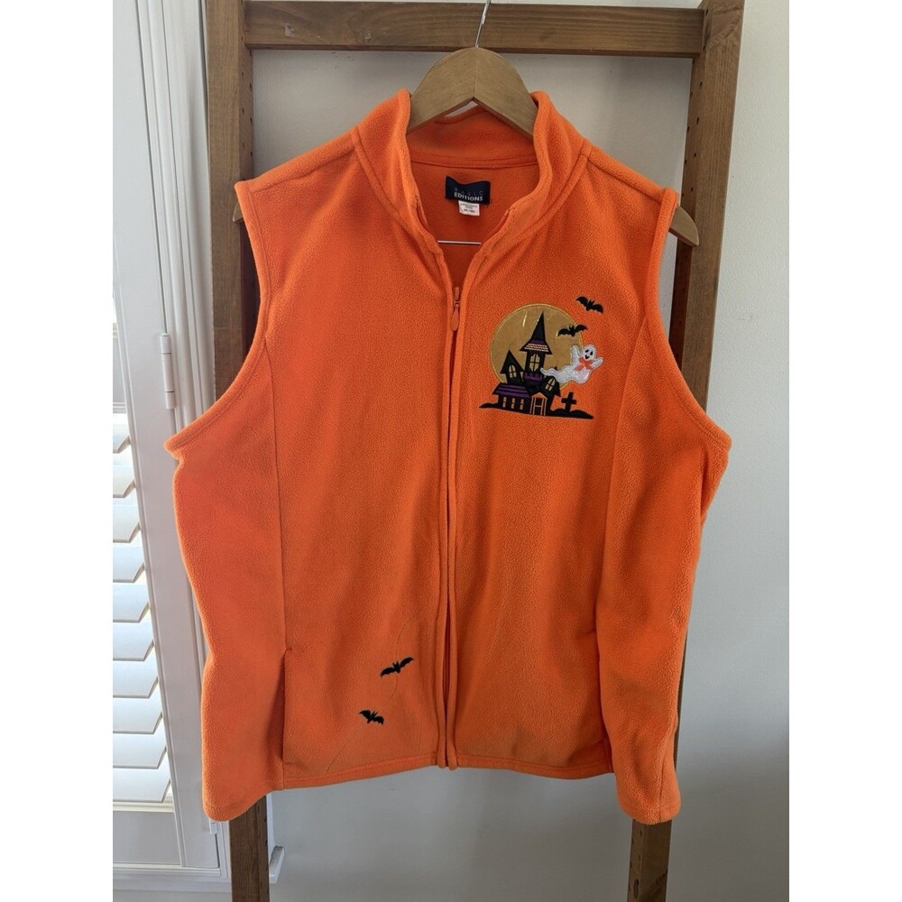 VINTAGE Basic Edition Orange Fleece Vest Halloween Ghost Graveyard Bat Size XXL